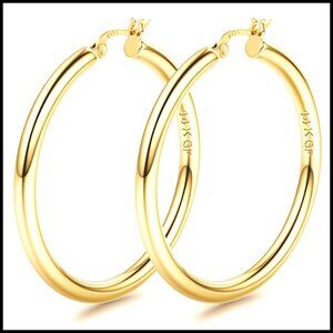 Chunky Hoop Earrings 14K Gold Plated Sterling Silver Post Lightweight Hollow